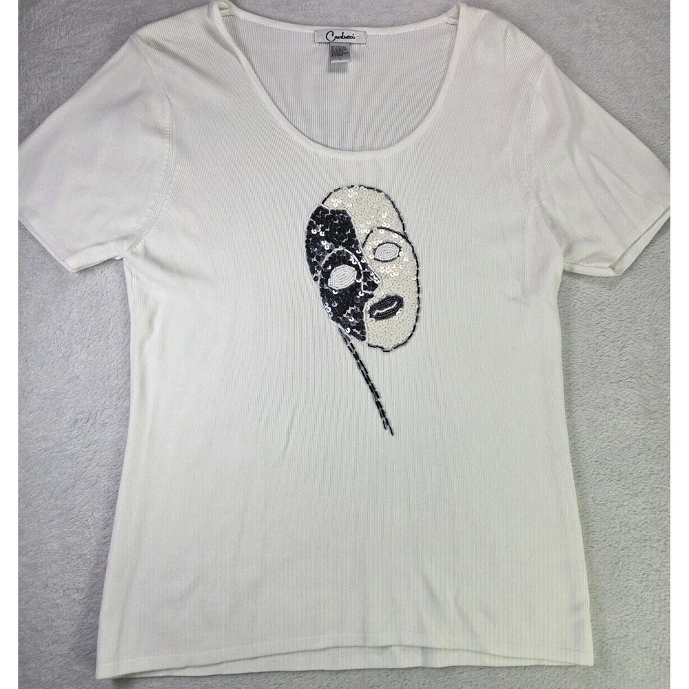 Y2K Yin Yang Sequin Graphic Tee Womens Large White Ribbed Knit Top Streetwear